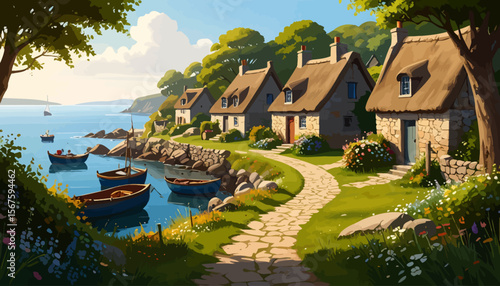 Quaint coastal village with thatched cottages, boats on the water, and a winding stone path.