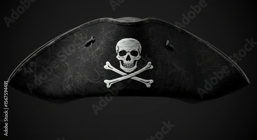A weathered black tricorn hat, adorned with a skull and crossbones emblem