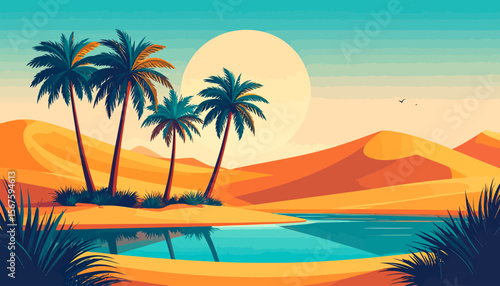 Stylized desert oasis with palm trees, dunes, and a serene turquoise lagoon