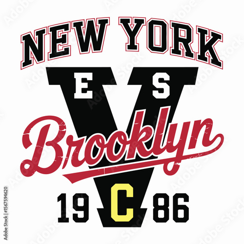 New York, Brooklyn t-shirt design. T-shirt print design in American college style. Athletic typography for tee shirt print in university and college style. Vector