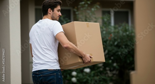 A man carries a large cardboard box,  moving into a new house.  He's wearing jeans and a white t-shirt