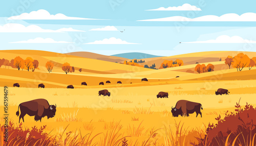 Majestic Bison Herd Grazing in a Golden Autumn Landscape.
