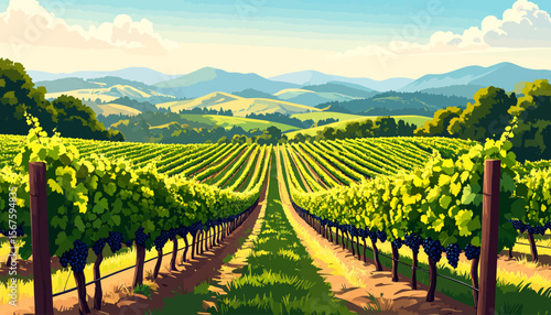 Lush vineyard rows with ripening grapes, rolling hills, and a serene sky
