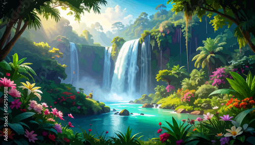 Lush Tropical Waterfall Scene with Vibrant Flowers