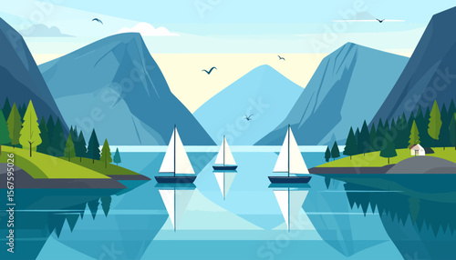 Serene Fjord Landscape with Sailboats and Mountain Reflections