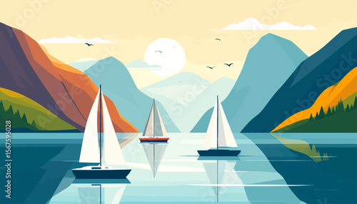 Serene Sailboats on Calm Waters with Mountainous Backdrop and Birds