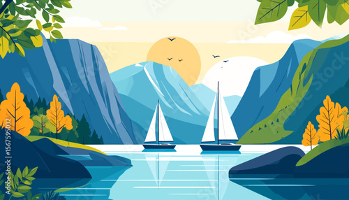 Serene Mountain Lake Scenery with Sailing Vessels at Sunrise