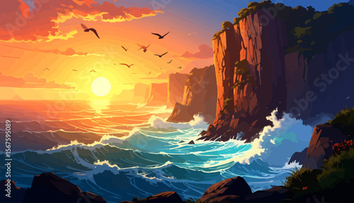 Vibrant sunset over ocean cliffs with soaring birds and crashing waves
