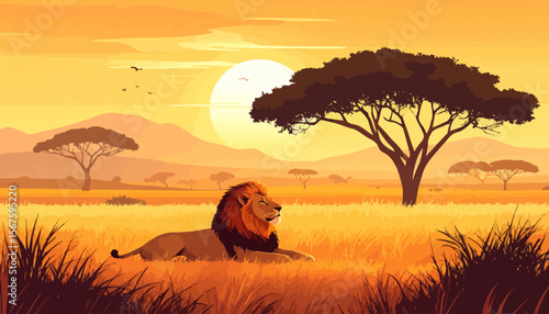 Majestic African Lion Resting Under Golden Sunset