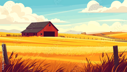 Vibrant Red Barn and Golden Fields Under a Sunny Sky Landscape.