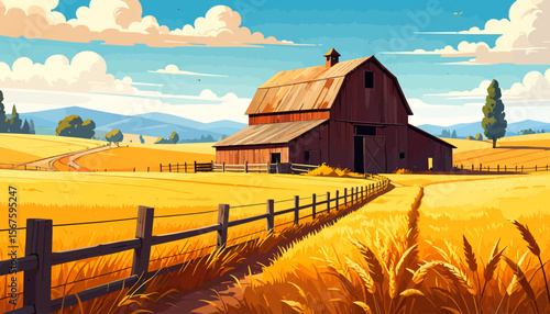 Rustic Barn Amidst Golden Wheat Fields Under a Sunny Sky