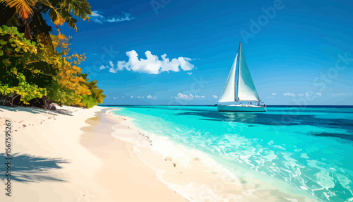 Sailboat Gently Cruises Turquoise Waters by Tropical Beach Paradise