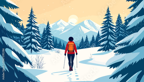 Backpacker trekking through snow-covered forest towards distant mountains and setting sun