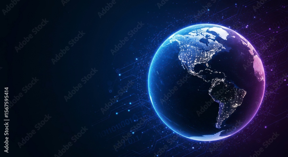 Obraz premium Illuminated globe showcasing North and South America at night, overlaid with a digital network pattern