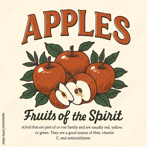 Vintage Glossy Red Apple T-Shirt Design - Fresh Fruit Artwork with Text for Summer and Tropical Inspired Apparel - Retro Food Print for Men and Women