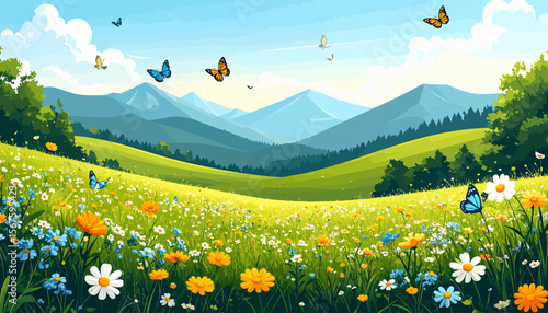 Vibrant meadow with wildflowers and butterflies against a backdrop of distant mountains