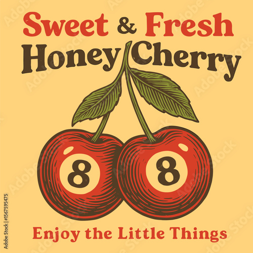 Hand Drawn Cherry Prints for Girls - Fruit Fashion Graphics with 'Mon Cherry' Slogan Typography - Tropical Summer T-Shirt Artwork