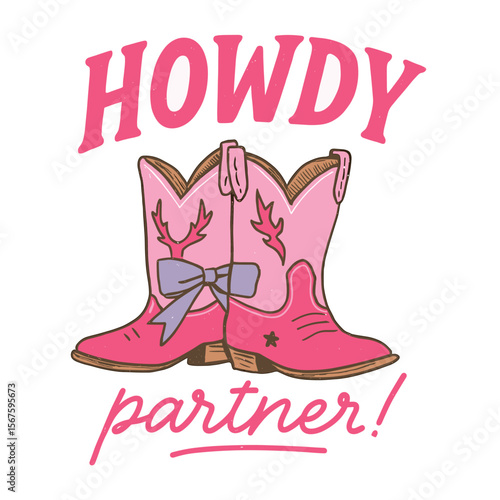 Hand Drawn Cowgirl Boot Vector - 'Howdy Let's Get Rowdy' Typography Design - Retro Western T-Shirt with Cactus Artwork