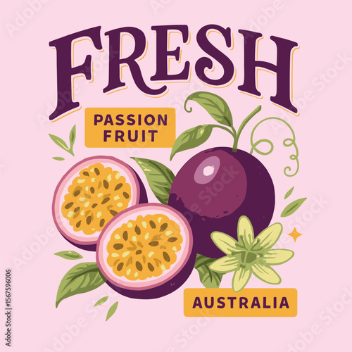 Passion Fruit Vector Graphic - Vintage Retro Summer T-Shirt Design with Tropical Food Print Illustration for Women's Fashion