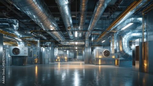 Industrial, spacious, mechanical room, with extensive piping, HVAC units