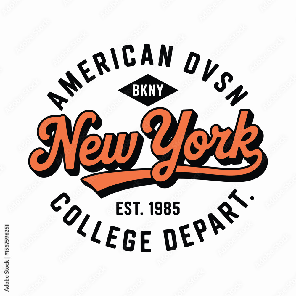 Fototapeta premium Nueva York, diseño de camisetas de Brooklyn. Diseño impreso de camisetas al estilo de la universidad estadounidense. Tipografía atlética para estampado de camisetas al estilo universitario. Vector