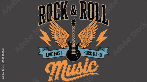 Rock & Roll Guitar Wings Lightning Bolts Music Vector Illustration