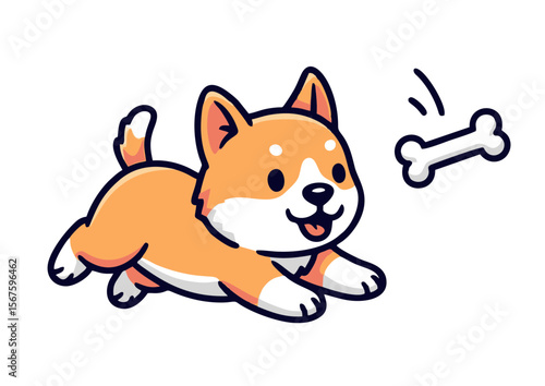Playful Shiba Inu Puppy Chasing Bone Cartoon Illustration.