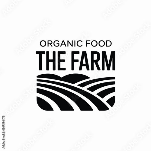 The farm icon template. Meadow silhouette, land symbol with horizon in perspective. Farm food badge. Vector
