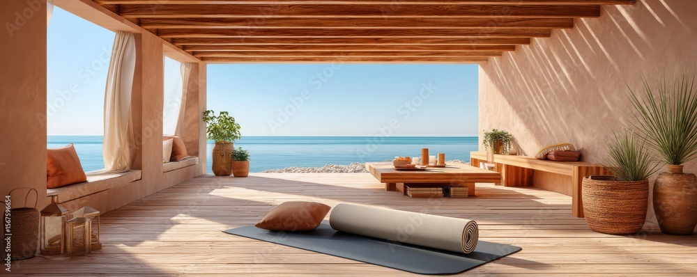 Naklejka premium Serene outdoor relaxation area with sea view and yoga setup under pergola