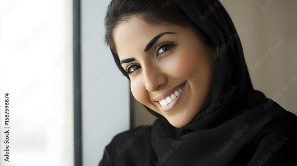 Young Arab businesswoman smiling with confidence, representing modern professionalism and self-assurance. Young Arab businesswoman smiling with confidence, representing modern professionalism and self-assurance.