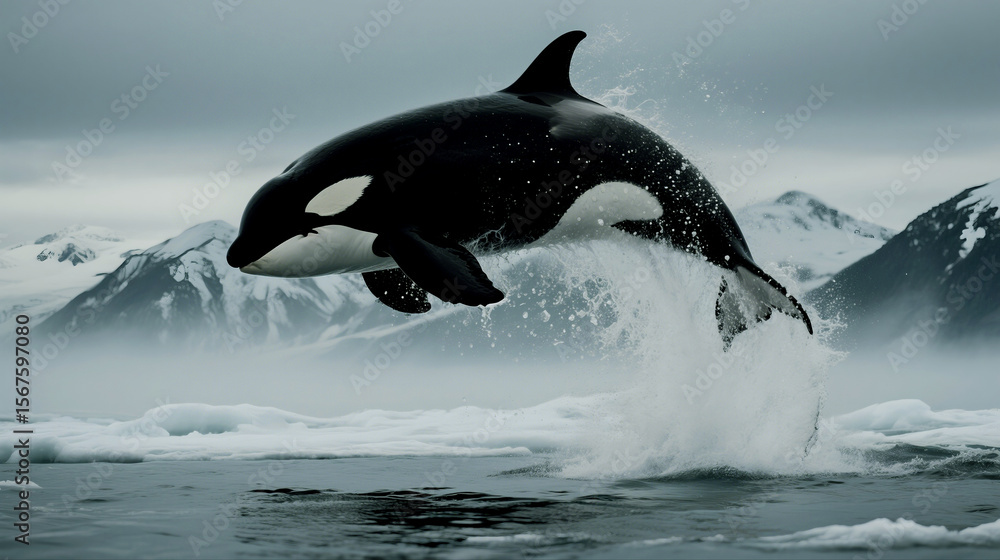 Fototapeta premium Majestic killer whale leaps from the ocean with mountains in the background
