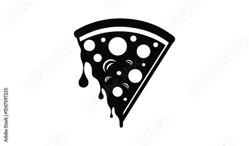 Stylized black and white slice of pizza with dripping cheese and pepperoni
