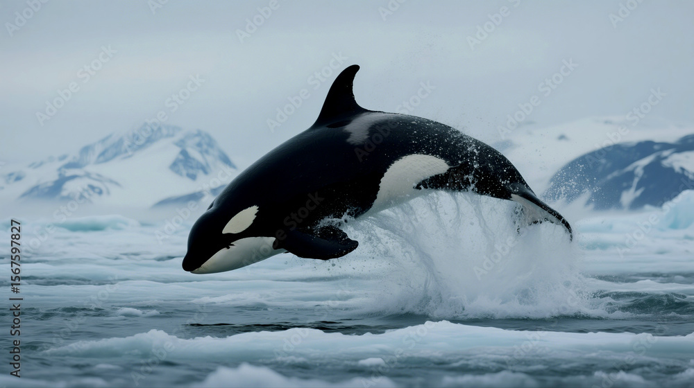 Fototapeta premium Majestic orca leaps from icy Antarctic waters, showcasing its graceful form
