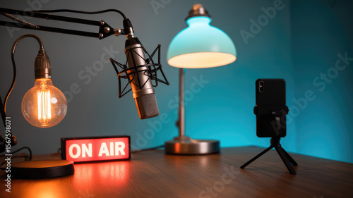 A microphone, a lamp, and a phone are on a table. The table is on a wall