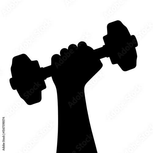 Silhouette of a hand holding dumbbell for weightlifting, with arm in strong pose against solid background. Silhouette of a hand holding dumbbell shows fitness motivation and healthy lifestyle.