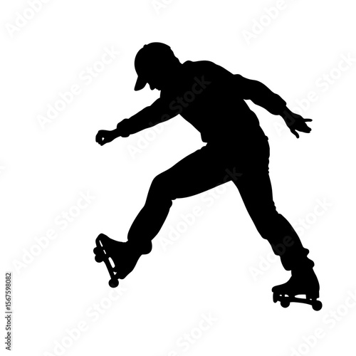 Silhouette of man on roller skates depicted on white background. Silhouette showcases motion and balance, with figure poised mid stride.