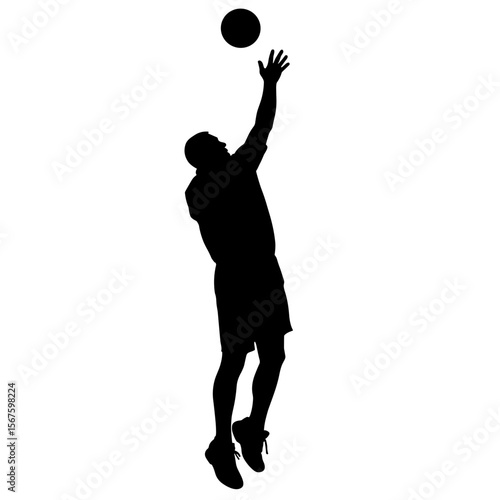 Silhouette of basketball player during jump for ball, action scene. Intense silhouette shows athletic person leaping to catch ball. Silhouette concept for sports design, poster, or banner.