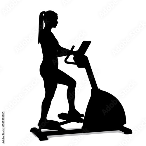Silhouette of woman on elliptical machine for fitness and exercise. Silhouette of woman training hard on elliptical, working on wellness and health.