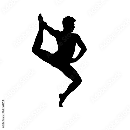 Silhouette image of dancer in aerial pose expressing dynamic movement on white background. Balance on one leg - yoga outdoors
