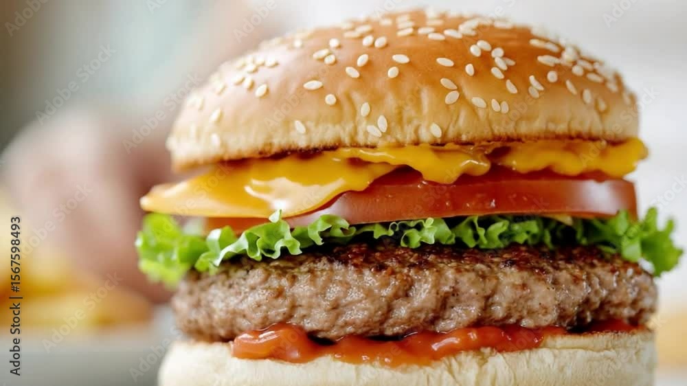 Juicy Cheeseburger Close-up: A mouthwatering cheeseburger, featuring a perfectly grilled beef patty, melted cheddar cheese, crisp lettuce, ripe tomato slices, and a sesame seed bun. Juicy Cheeseburger Close-up: A mouthwatering cheeseburger, featuring a perfectly grilled beef patty, melted cheddar cheese, crisp lettuce, ripe tomato slices, and a sesame seed bun.