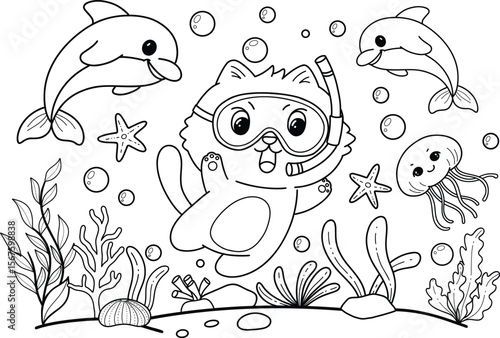 Cute Cat Underwater Adventure with Dolphins Coloring Page for kid