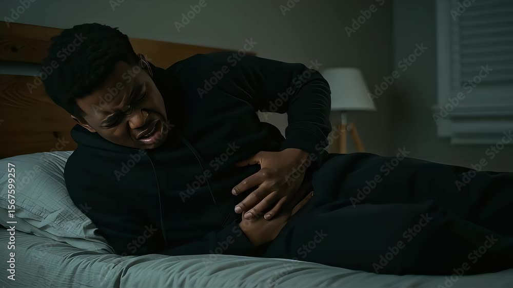 A young man is suffering from stomach pain in a bed in a dark room A young man is suffering from stomach pain in a bed in a dark room