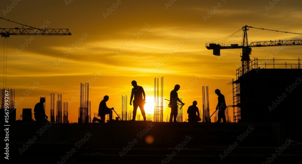 Fototapeta premium Silhouetted construction workers at sunset, amidst cranes and a building under construction