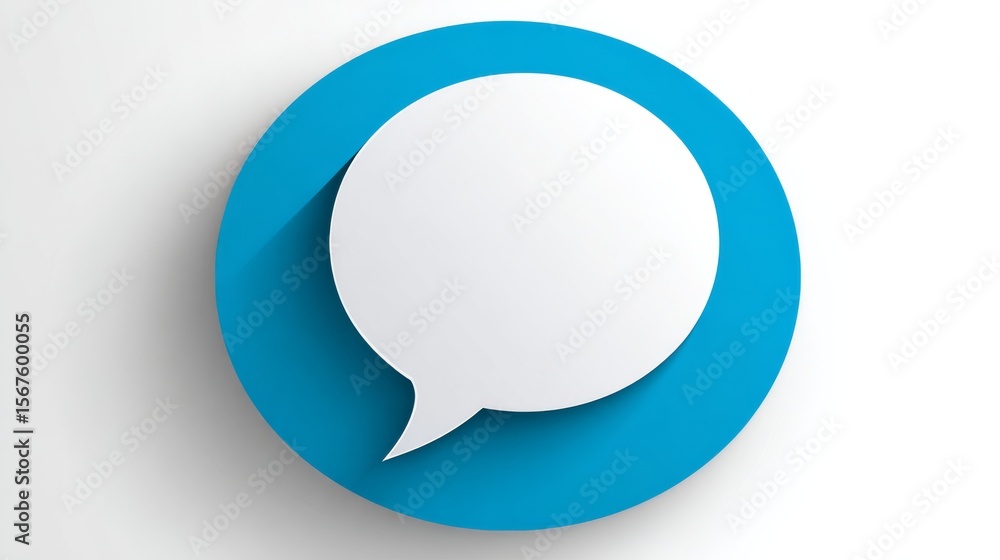 Minimalistic white speech bubble icon centered in bright blue circular frame with pointed tail, casting subtle shadow on light-gray background for modern 3D effect. Minimalistic white speech bubble icon centered in bright blue circular frame with pointed tail, casting subtle shadow on light-gray background for modern 3D effect.