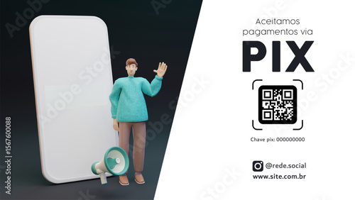 Pix banner template PIX Pagamento com PIX  Banner com Personagem 3D e QR Code Aceita pix chama no pix pix design template