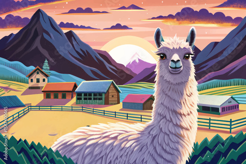 Vector illustration of an alpaca farm set in a scenic mountain valley—perfect for livestock-themed designs, eco-agriculture visuals, rural landscapes, and Andean farming concepts