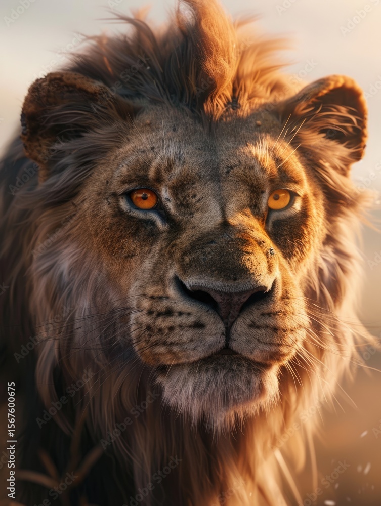 Naklejka premium Majestic male lion portrait with golden mane and amber eyes in warm natural lighting background