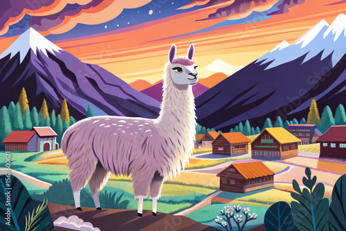 Vector illustration of an alpaca farm set in a scenic mountain valley—perfect for livestock-themed designs, eco-agriculture visuals, rural landscapes, and Andean farming concepts