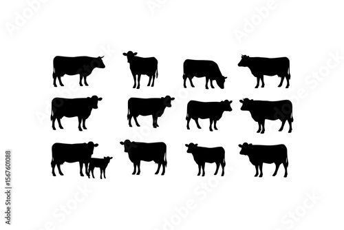 Twelve black silhouettes of cows and calves suitable for farm branding, agriculturerelated designs, milk products packaging, and naturethemed projects.