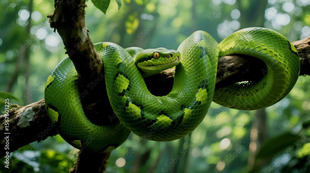 Fototapeta premium Vivid green pit viper coils around a branch in a lush tropical forest